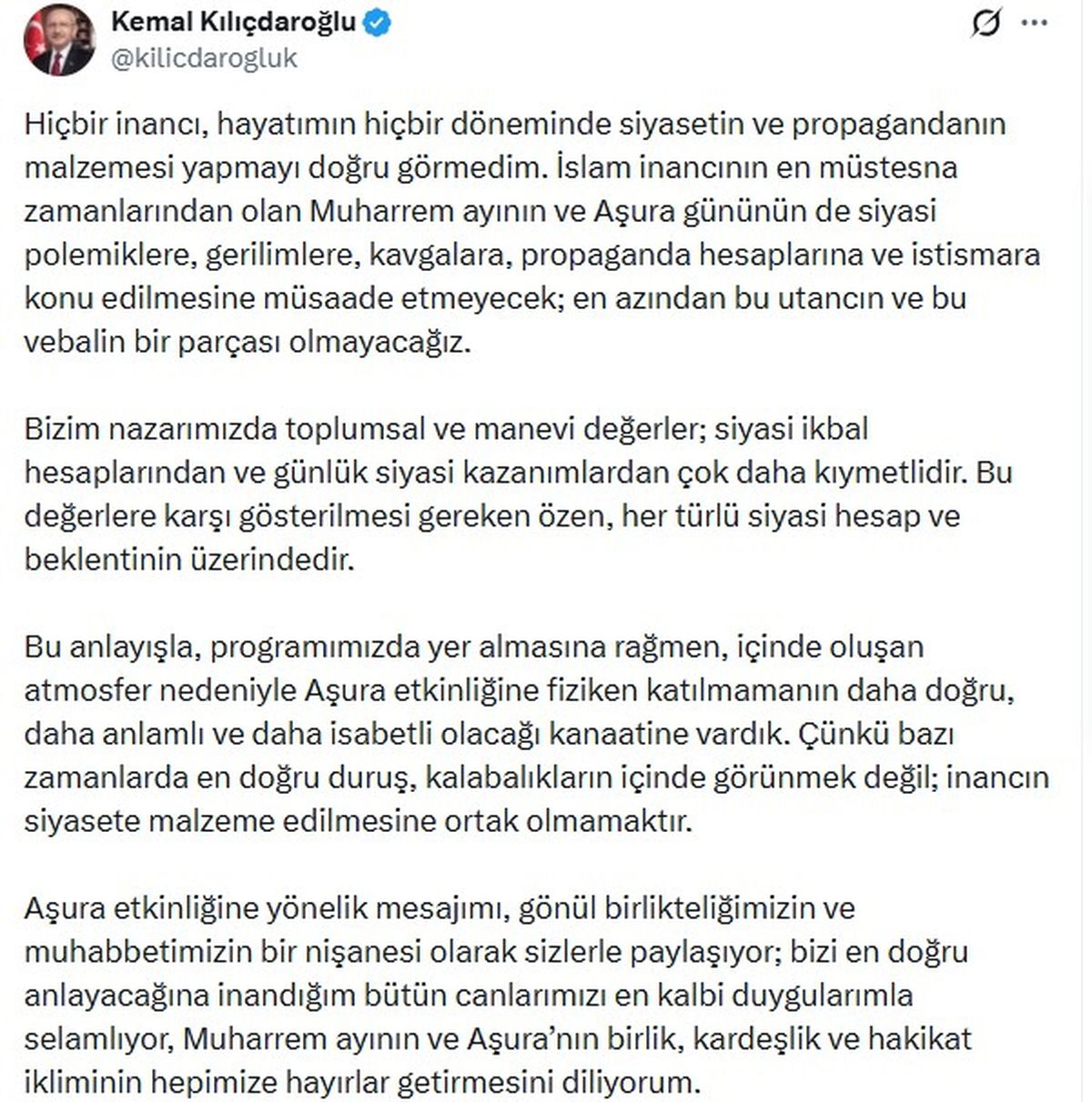 Kılıçdaroğlu: En doğru duruş, inancın siyasete malzeme edilmesine ortak olmamaktır