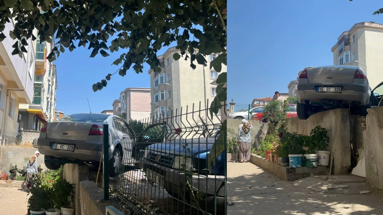 El frenini çekmeyi unuttu, bahçe duvarında asılı kaldı
