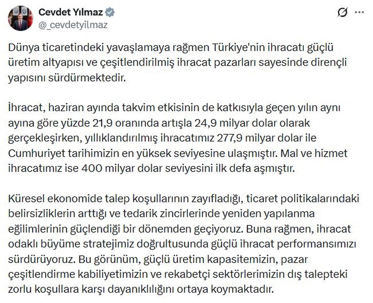 Cevdet Yılmaz: Güçlü ihracat performansımızı sürdürüyoruz