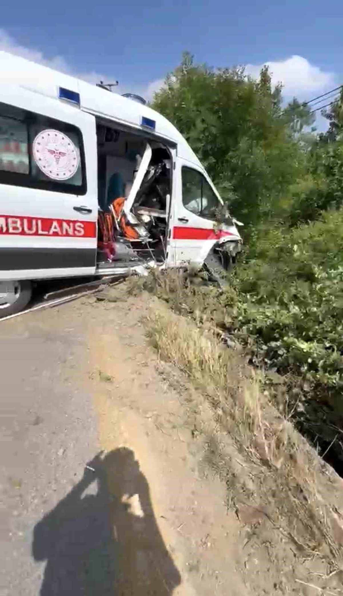 Hasta taşıyan ambulans yoldan çıkarak yeşillik alana savruldu