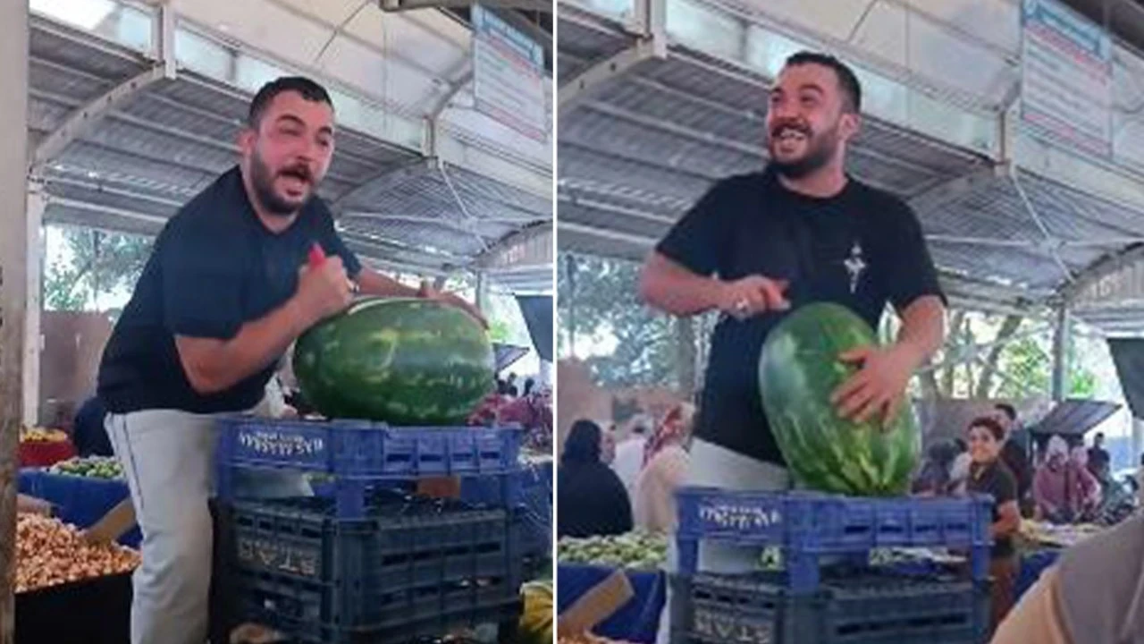 Pazarcı, karpuzuyla meydan okudu! İçini açtığı anları herkes dikkatle izledi