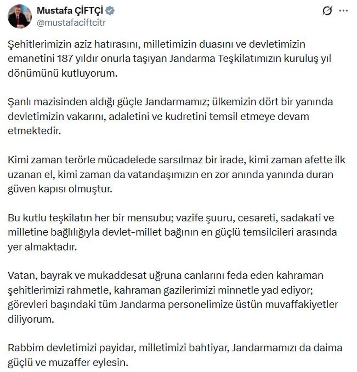 Bakan Çiftçi, Jandarma Teşkilatı'nın kuruluş yıl dönümünü kutladı