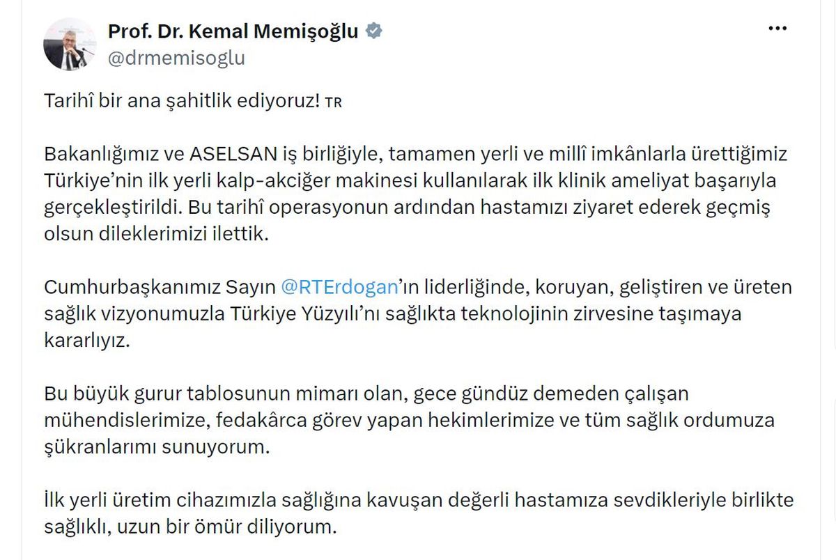 Bakan Memişoğlu'ndan yerli kalp-akciğer makinesiyle ameliyat olan hastaya ziyaret