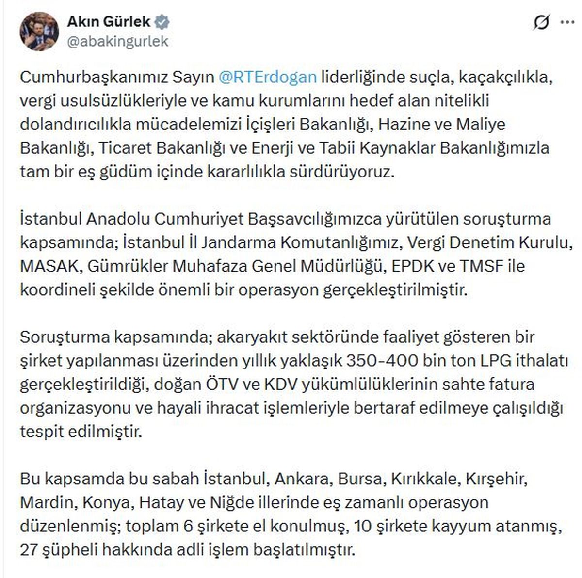Akaryakıt sektörüne yönelik sahte fatura operasyonu; 10 şirkete kayyım atandı
