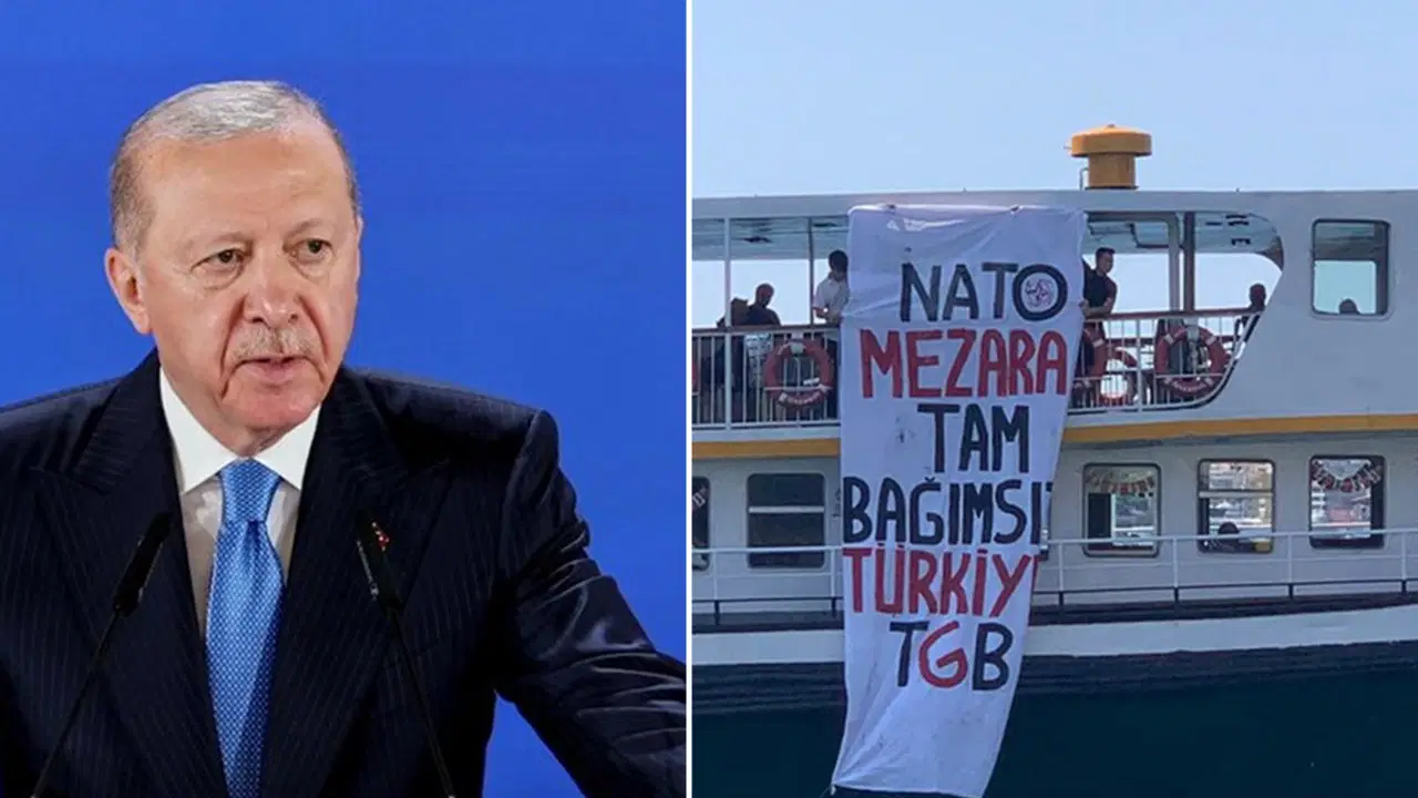 Dolmabahçe'de Erdoğan konuştu, Boğaz'da NATO protesto edildi