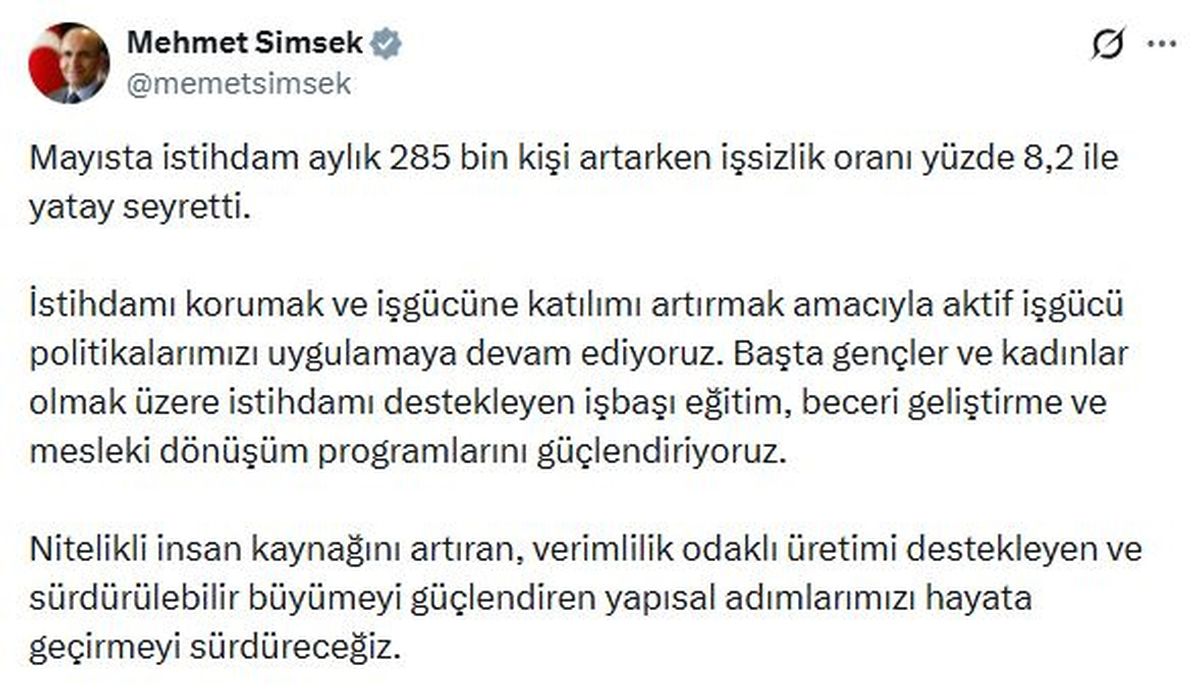 Bakan Şimşek: Aktif iş gücü politikalarımıza devam ediyoruz