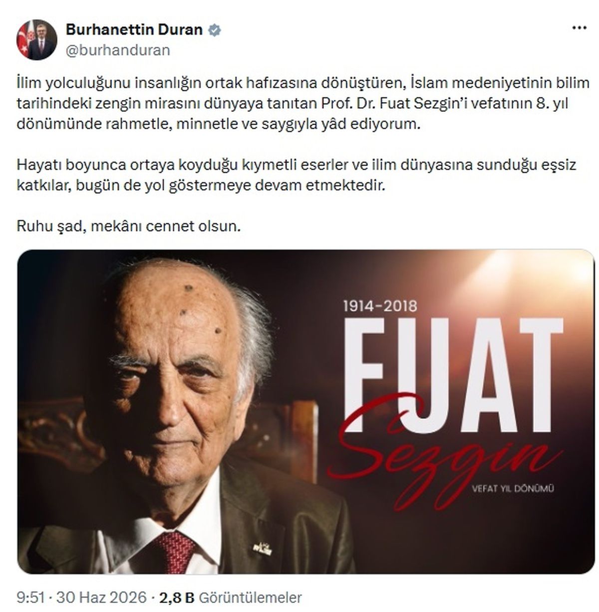 İLETİŞİM Başkanı Burhanettin Duran, Prof. Dr. Fuat Sezgin'i andı