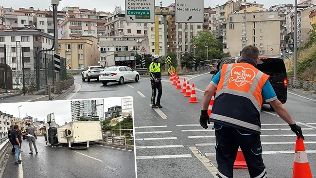Şişli Bomonti Tünel çıkışında kamyonet devrildi: Yol trafiğe kapandı