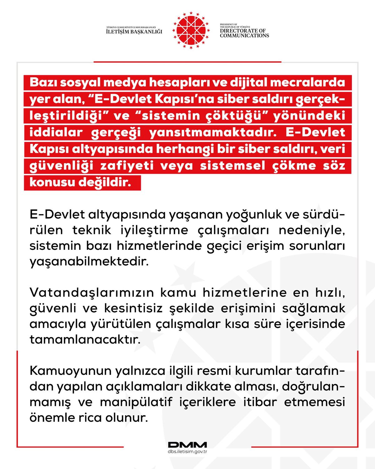DMM: e-Devlet altyapısında herhangi bir siber saldırı söz konusu değildir