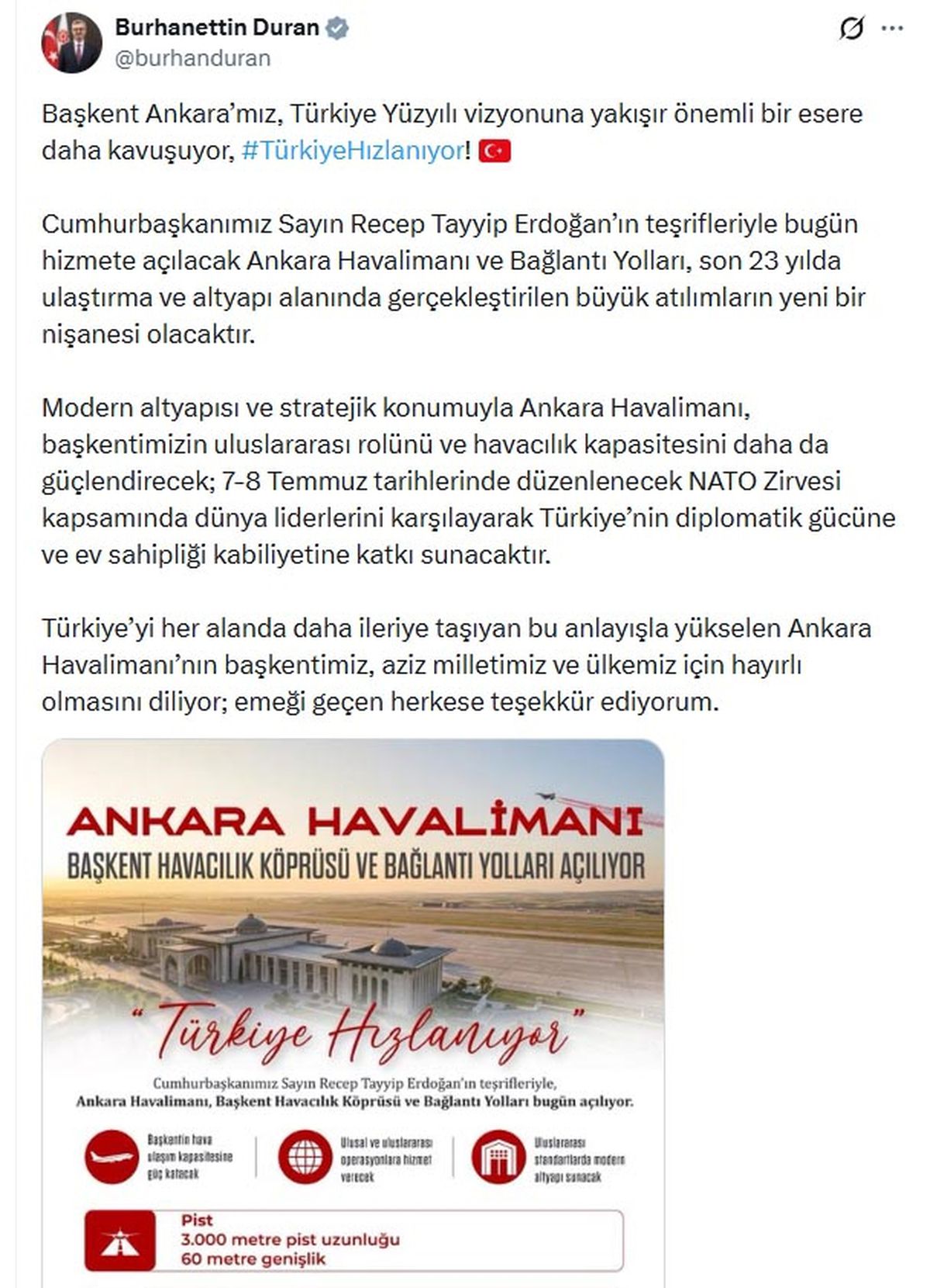 İletişim Başkanı Duran: Ankara Havalimanı, başkentimizin uluslararası rolünü güçlendirecek