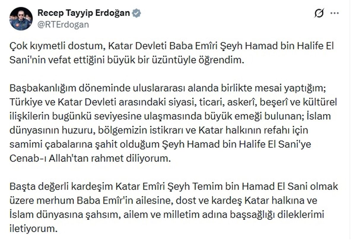 Cumhurbaşkanı Erdoğan'dan Katar'ın Eski Emiri Al Sani'nin Vefatına Taziye