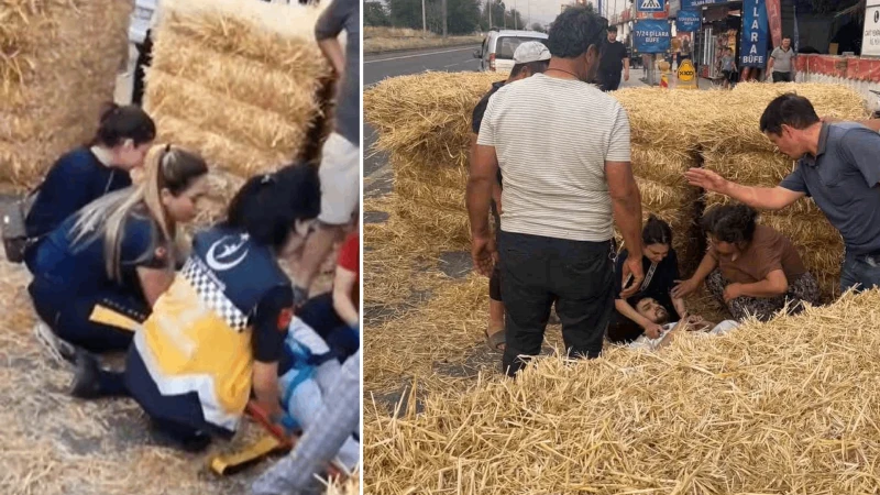 Aydın’da ilginç kaza: Traktörün römorkundan yol kenarındaki adamın üzerine balya düştü