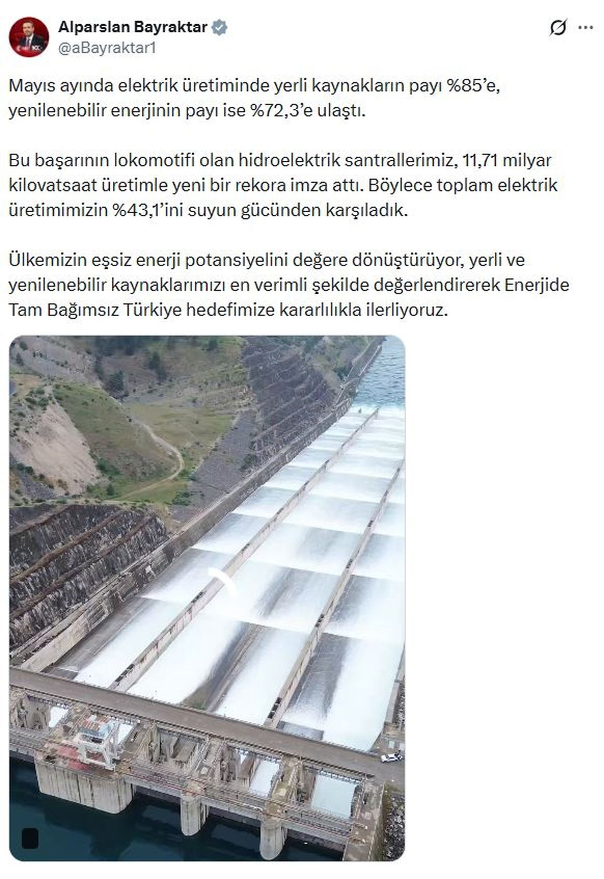 Mayısta elektrik üretiminin yüzde 43,1'i hidroelektrik santrallerinden sağlandı