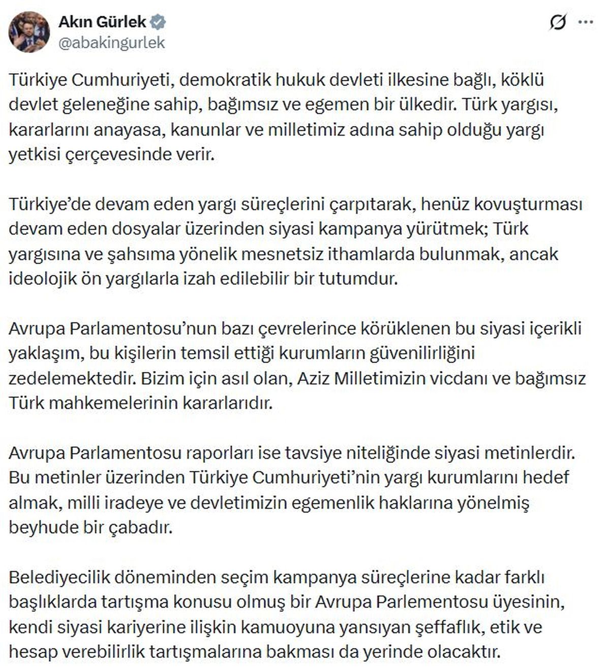 Adalet Bakanı Gürlek: Avrupa Parlamentosu raporları siyasi metinlerdir