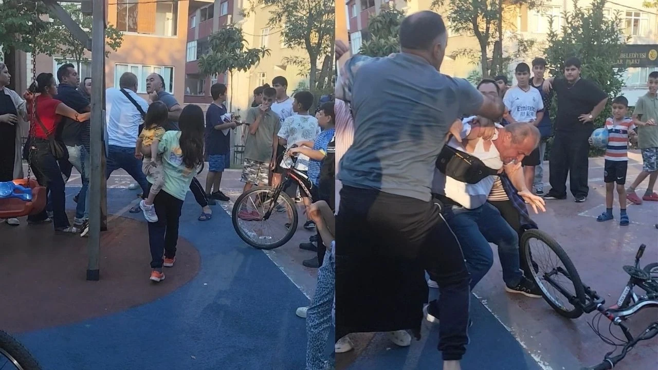 "Kızıma sen mi vurdun?" diye sordu, parkta tekmeli yumruklu kavga çıktı! Kameraya enbean yansıdı