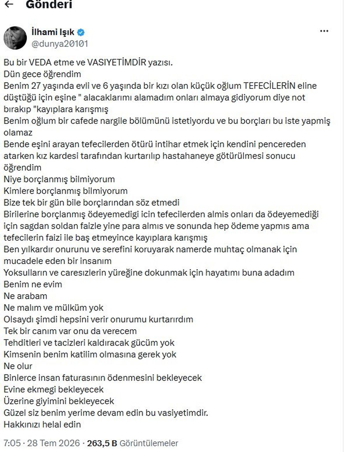 Yazar İlhami Işık'tan Tefeci Batağında Veda Paylaşımı