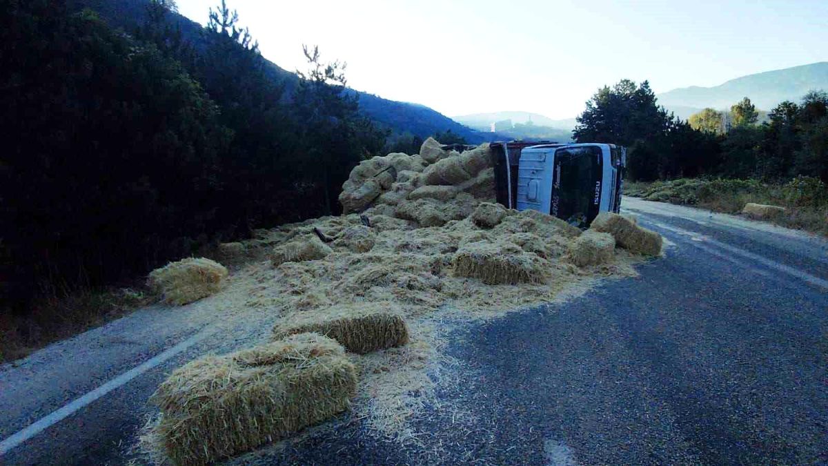 Bolu'da iki kamyon kafa kafaya çarpıştı: Samanlar yola saçıldı, 2 yaralı