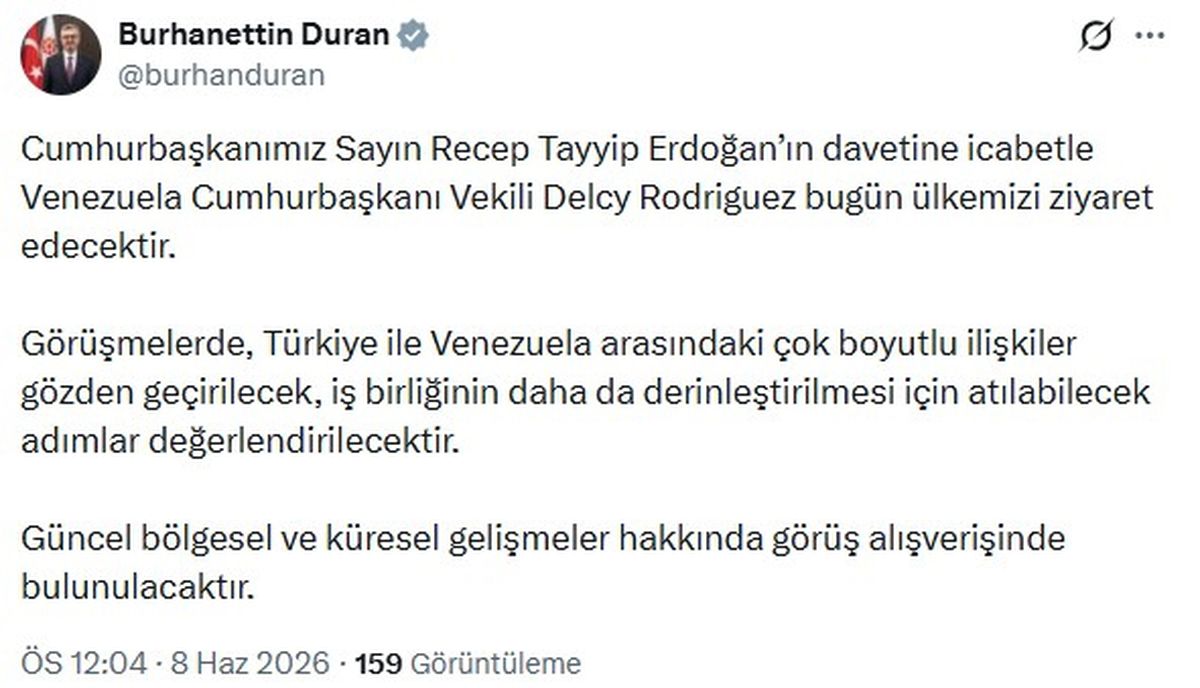 Venezuela Cumhurbaşkanı Vekili Rodriguez, Türkiye'ye geliyor