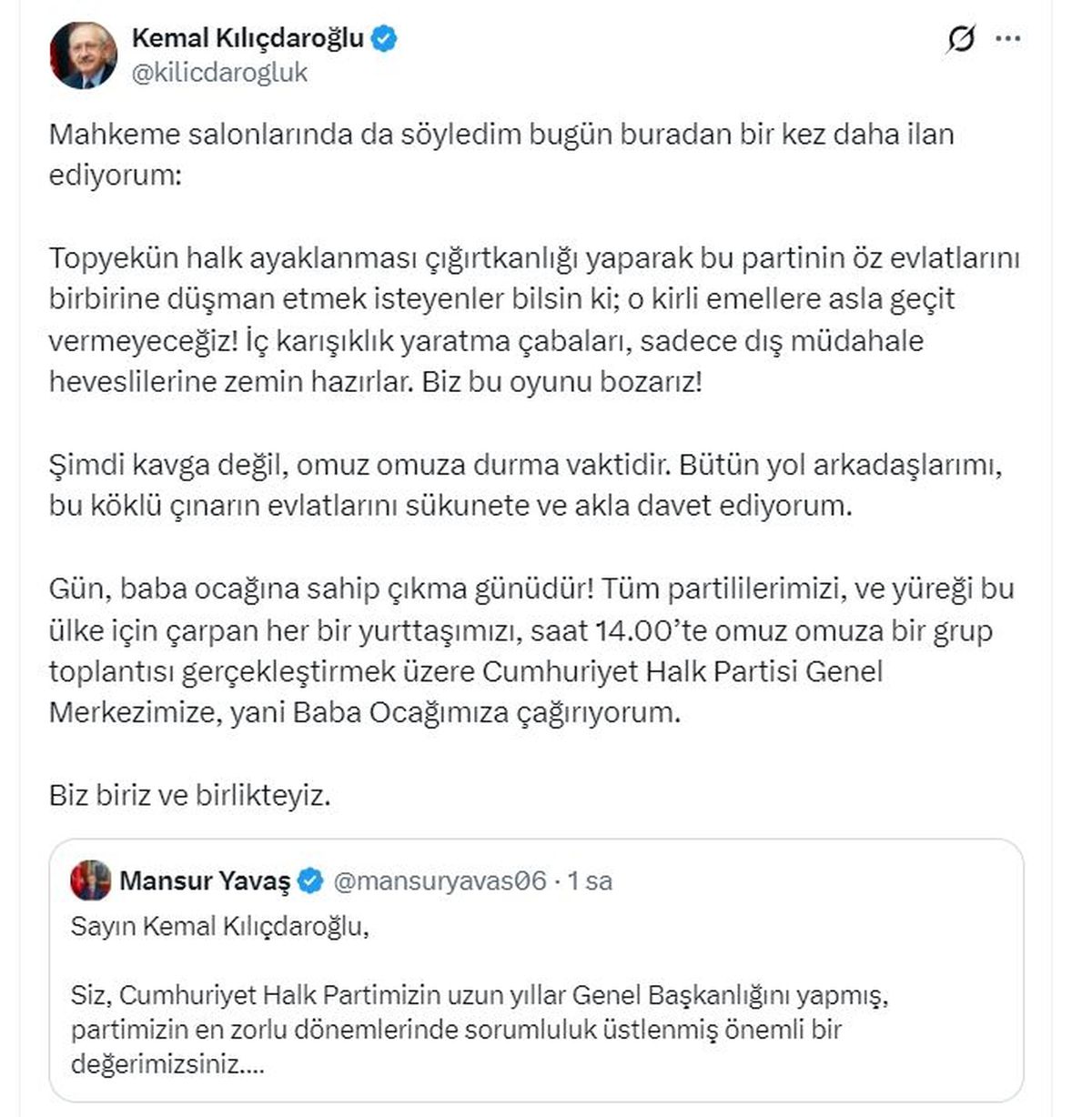 Kılıçdaroğlu: Tüm partililerimizi, grup toplantısı için CHP Genel Merkezimize çağırıyorum