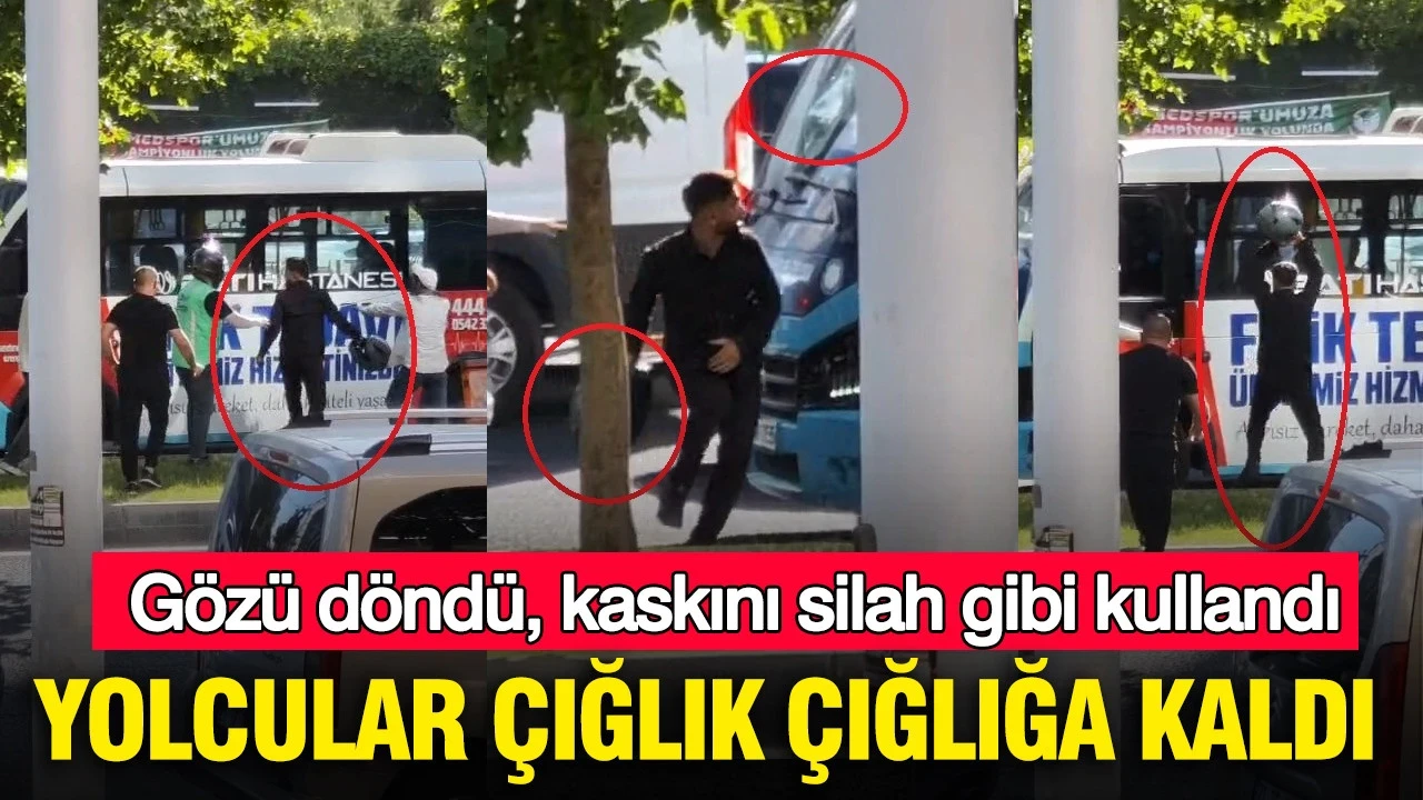 Yolcular çığlık çığlığa kaldı: Gözü döndü, kaskını silah gibi kullandı