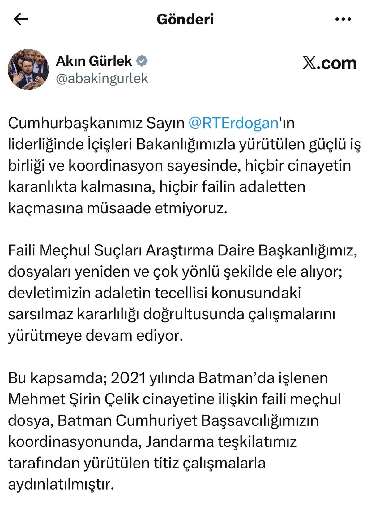Bakan Gürlek: 2021 yılında işlenen Mehmet Şirin Çelik cinayeti aydınlatıldı