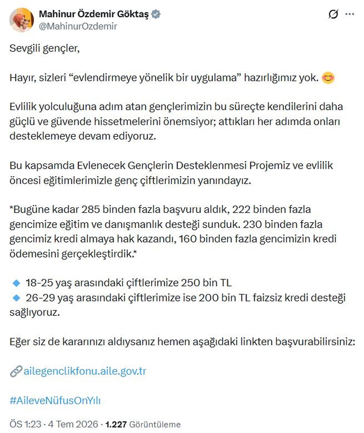 Bakan Göktaş: 160 binden fazla gence evlilik kredisi ödemesi yapıldı