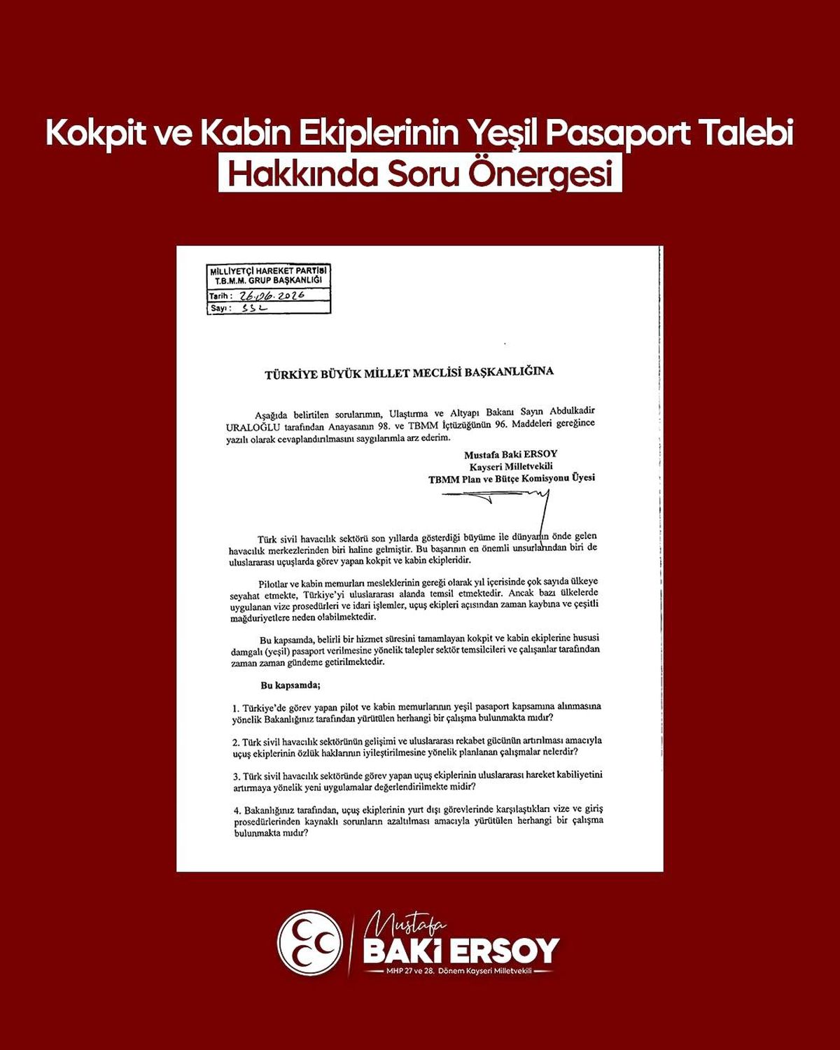 MHP'li Ersoy, kokpit ve kabin ekiplerinin yeşil pasaport talebini TBMM gündemine taşıdı