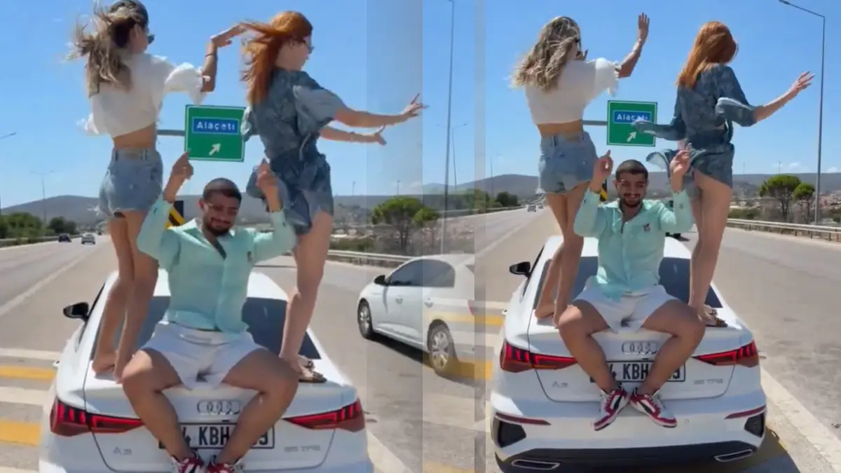 İzmir-Çeşme Otoyolu'nda şoke eden görüntüler! Araç üzerinde dans edip paylaştılar