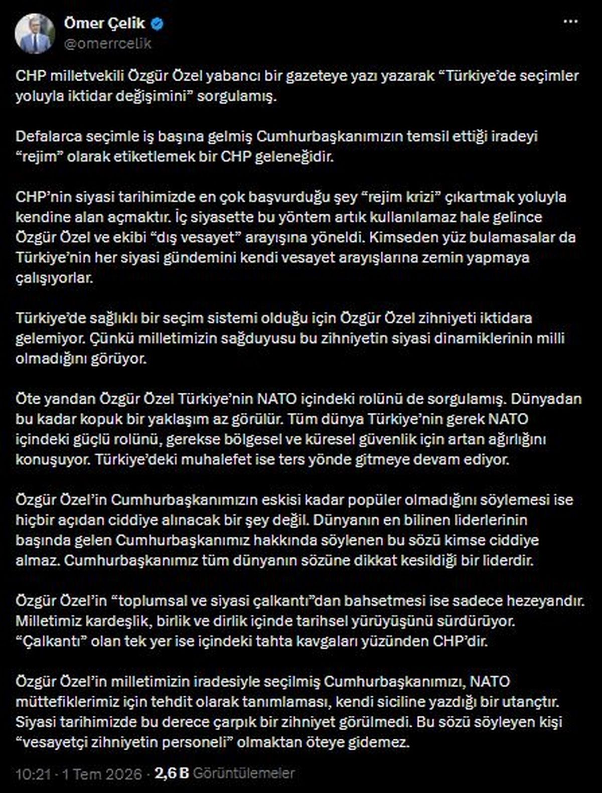 AK Parti'li Çelik: Özgür Özel, 'dış vesayet' arayışına yöneldi
