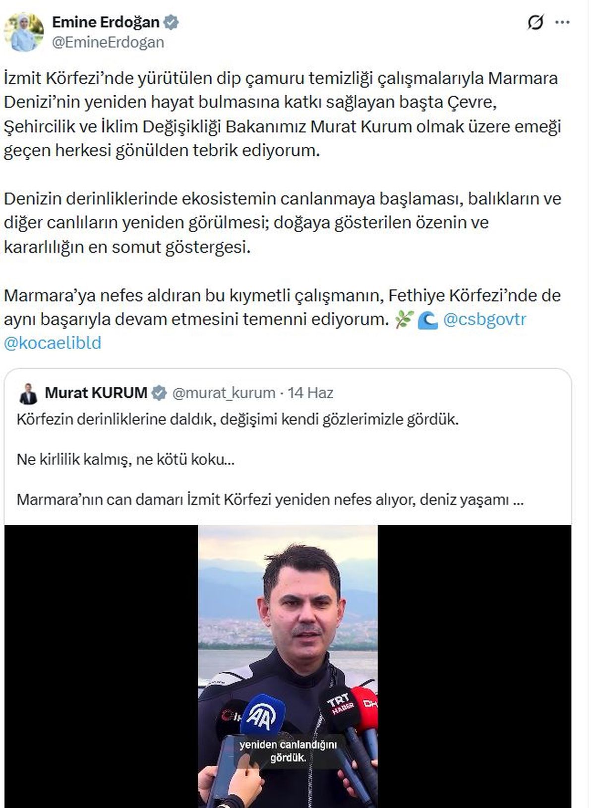 Emine Erdoğan'dan Bakan Kurum'a tebrik