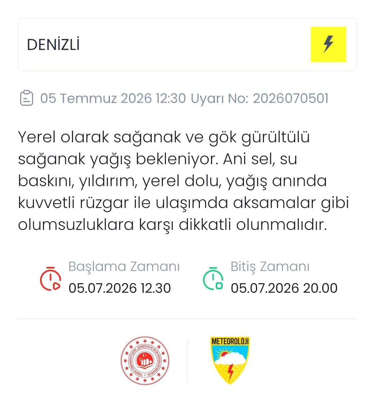 Denizli için kuvvetli yağış ve sel uyarısı
