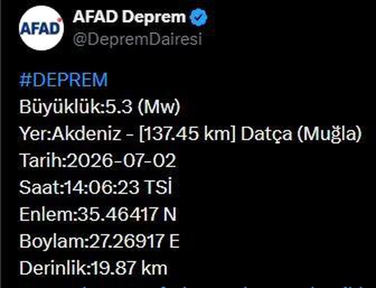 Muğla'da 5.3 büyüklüğünde deprem