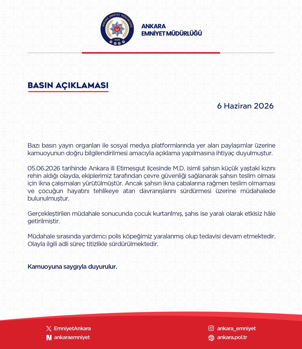 Ankara'da 3 yaşındaki kızını rehin alan baba etkisiz hale getirildi