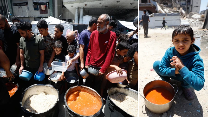 Gazze’de yerinden edilen Filistinlilere sıcak yemek dağıtımı yapıldı