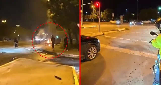 Maltepe Sahil Yolu'nda korku dolu anlar! Çarpışan araçlardan biri alev topuna döndü
