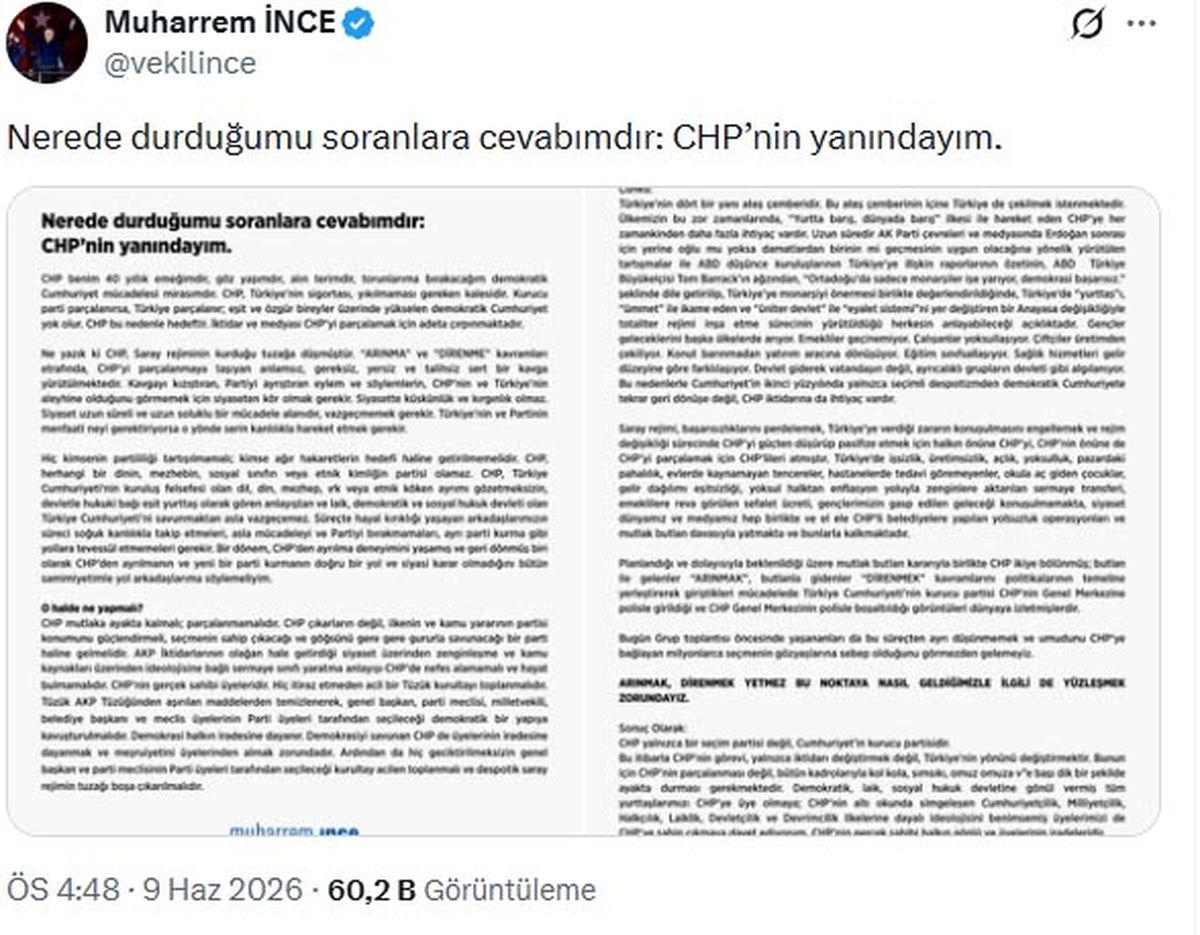 Muharrem İnce: Tüzük kurultayı toplanmalıdır