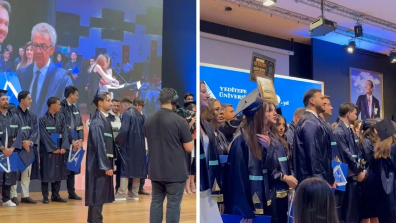 Yeditepe Üniversitesi'ndeki mezuniyet töreninde pankart gerginliği: İndirmeye çalıştılar, önüne geçtiler!