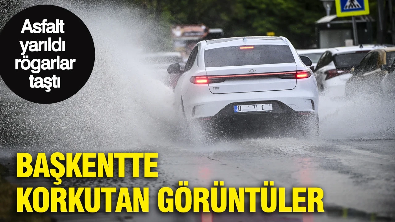 Başkentte korkutan görüntüler: Asfalt yarıldı, rögarlar taştı: Araç çukura düştü