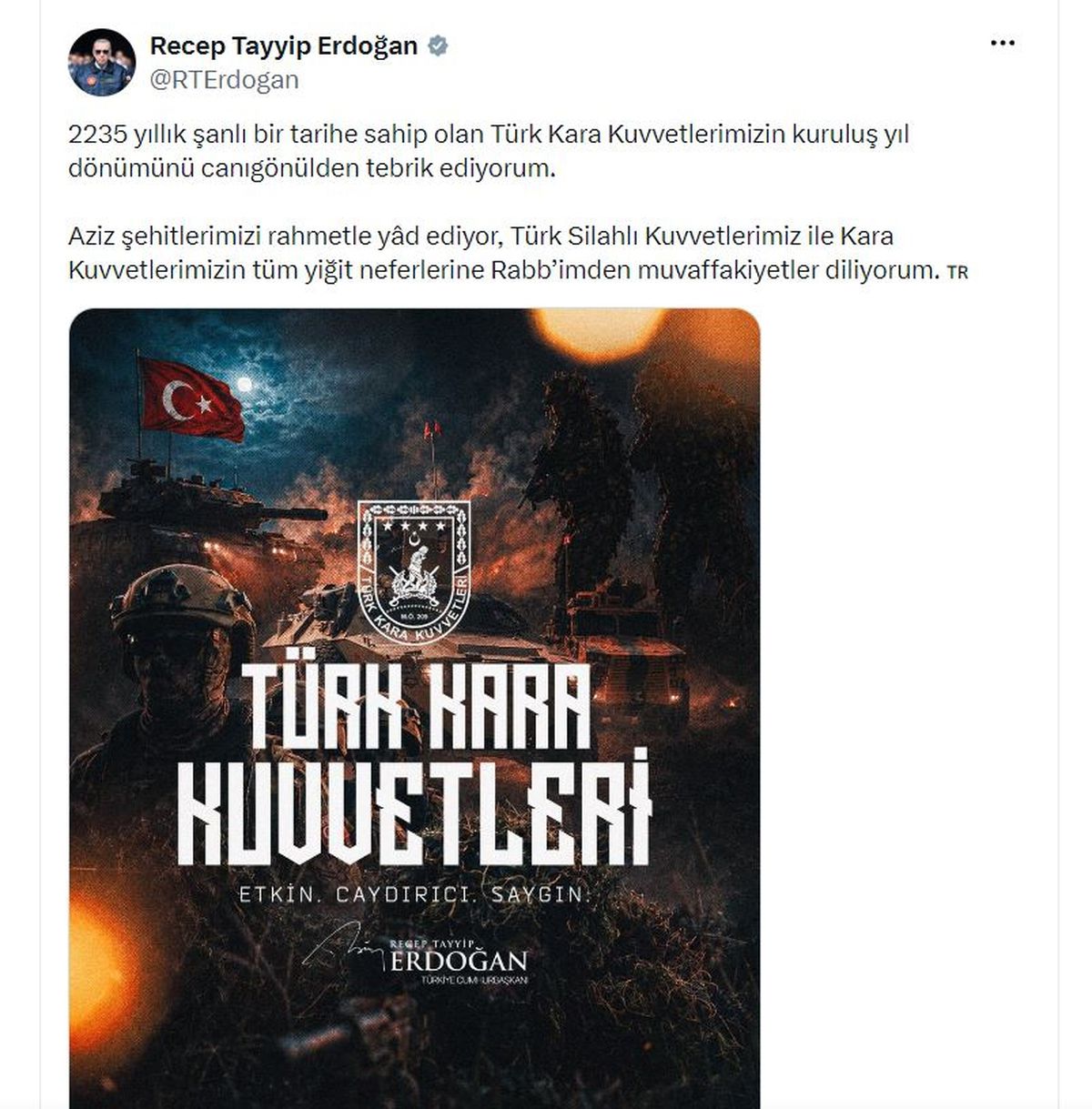 Erdoğan, Kara Kuvvetleri'nin 2235. Kuruluş Yıl Dönümünü Kutladı
