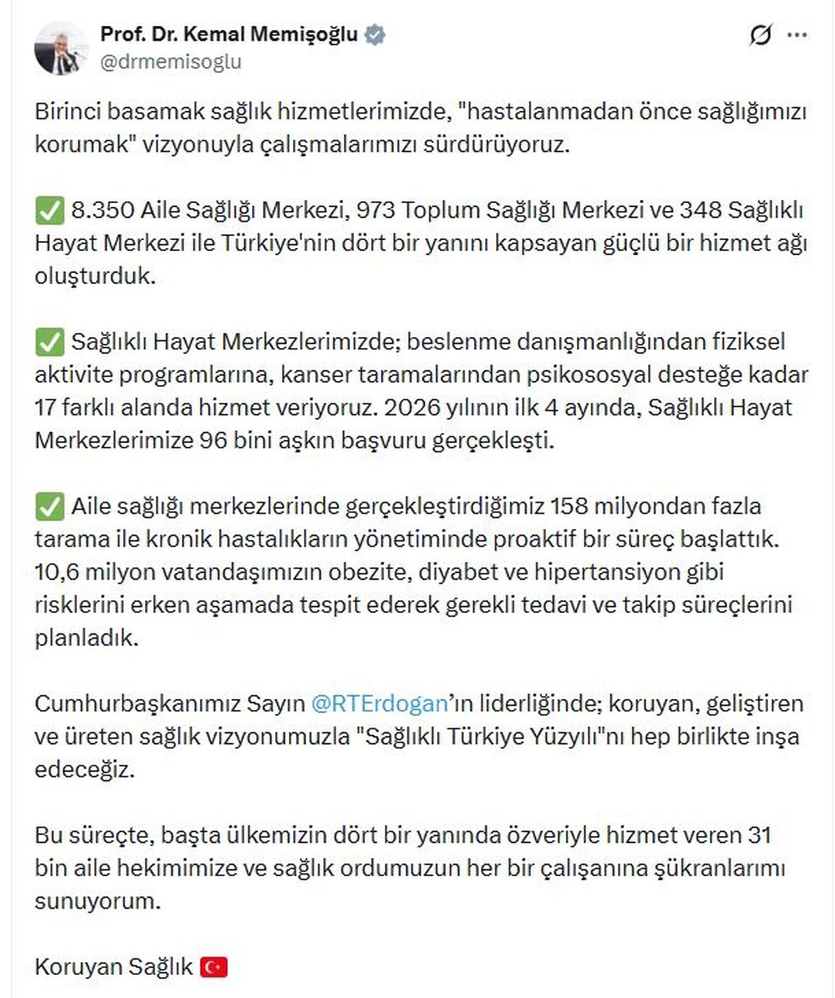 Bakan Memişoğlu: 4 ayda Sağlıklı Hayat Merkezlerimize 96 bini aşkın başvuru gerçekleşti