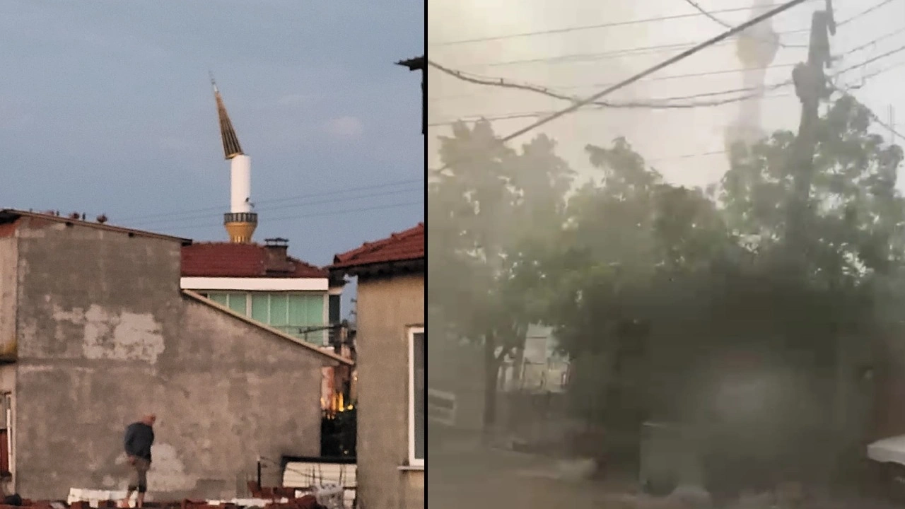 Manisa’da fırtına ve sağanak: Minare külahı devrildi, çatılar uçtu!