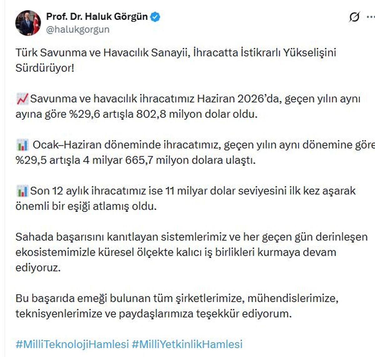 Haluk Görgün: Savunma ve havacılık ihracatımız 803 milyon dolar oldu