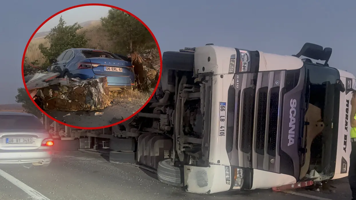 Devrilen tır felakete yol açıyordu! Karı-koca son anda kurtuldu