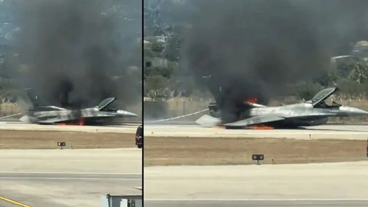 Havada alev alan Yunan F-16'sının iniş takımları açılmadı! Gövdesi üzerine indi