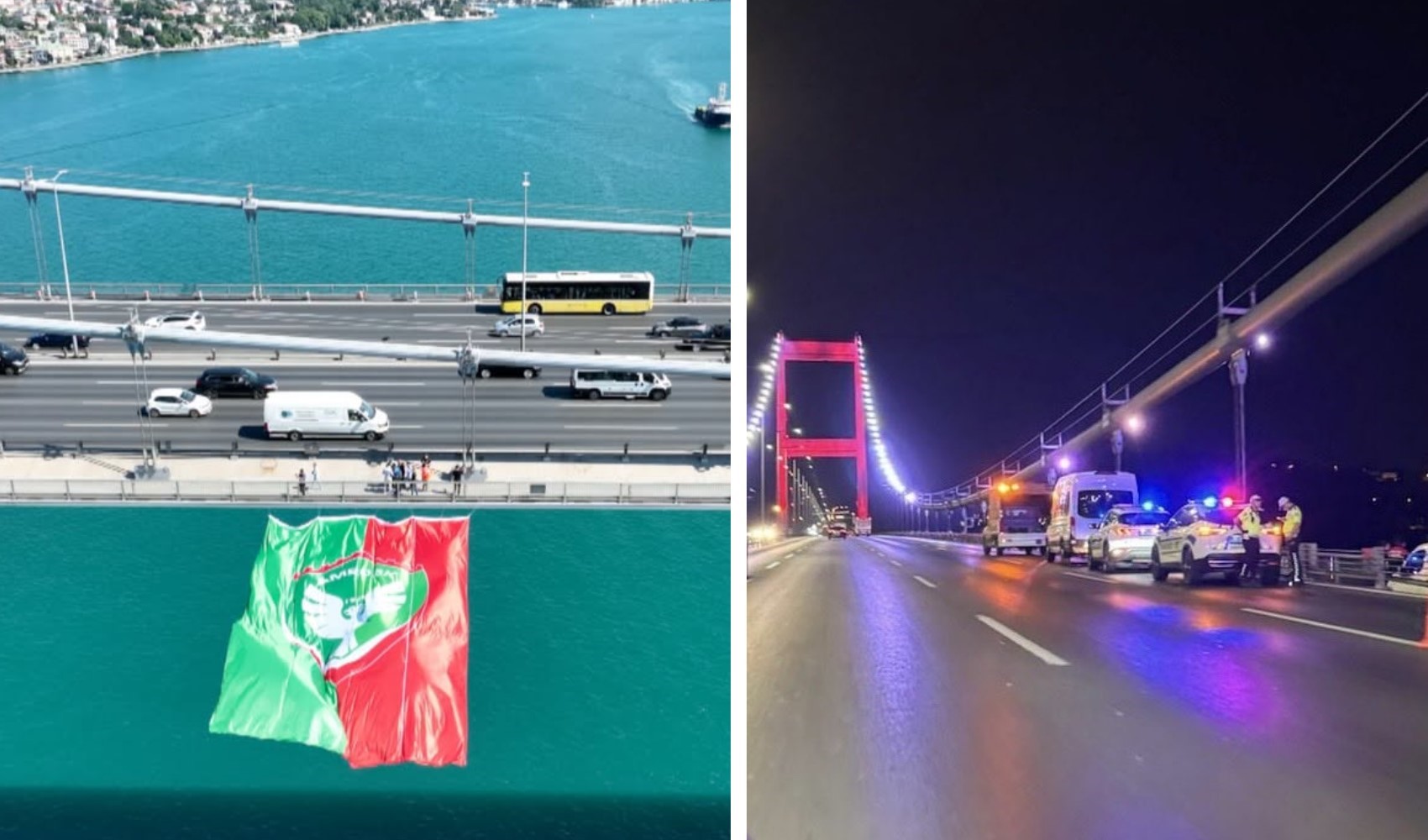 Gece boyunca nöbet tutuldu: FSM Köprüsü'ndeki Amedspor bayrağına polis koruması