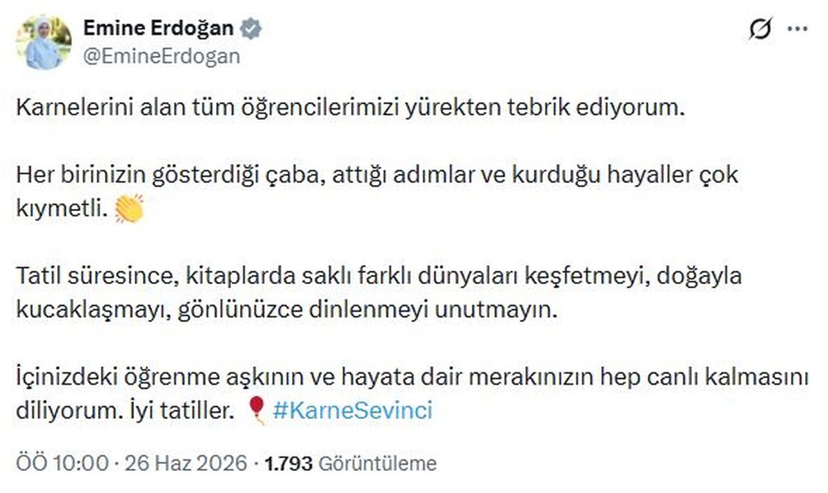 Emine Erdoğan'dan 'karne günü' mesajı