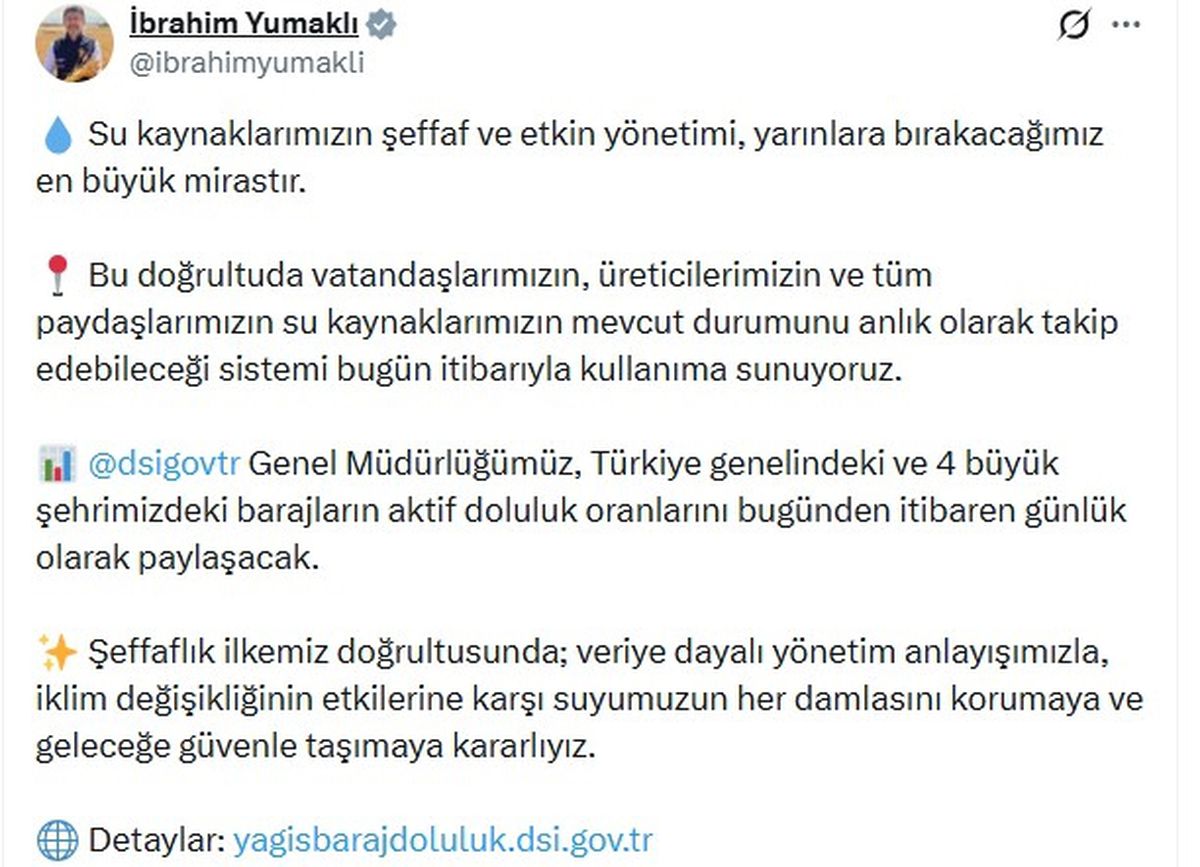 DSİ, barajların aktif doluluk oranlarını günlük paylaşacak