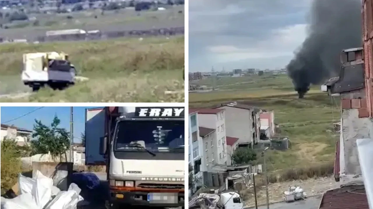Kamyonetle getirdiği atıkları araziye döküp ateşe verdi