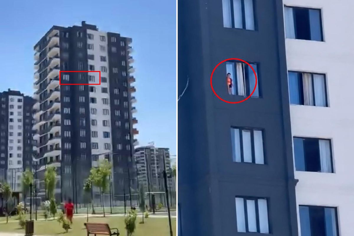 12'nci katta yürekleri ağza getiren anlar! Çocuk pencereye çıktı