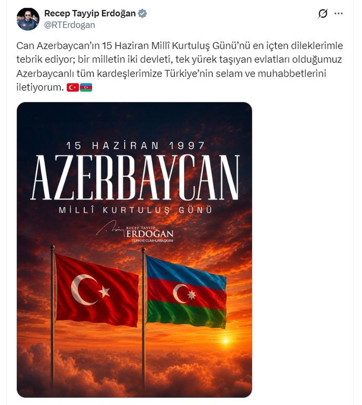 Cumhurbaşkanı Erdoğan, Azerbaycan'ın Milli Kurtuluş Günü'nü kutladı